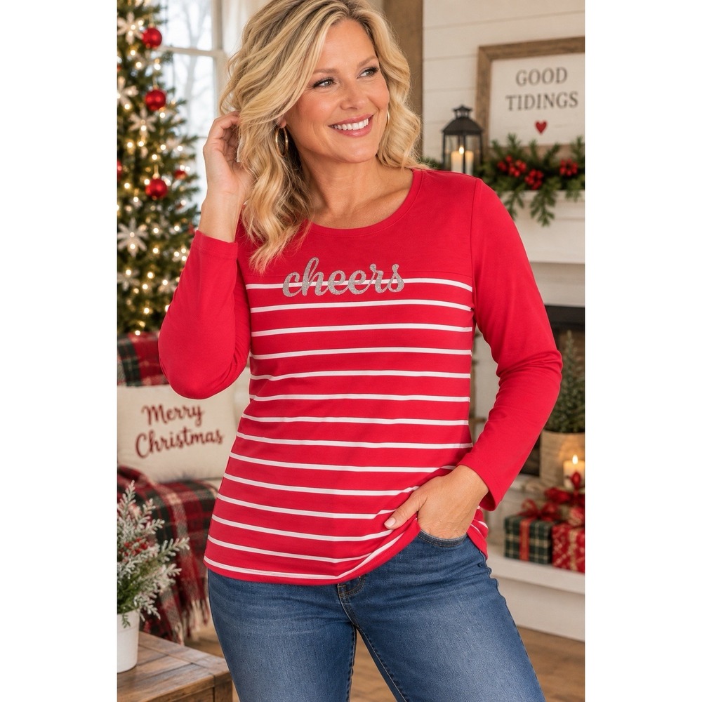 Kim Rogers Womens L Christmas Cheers Shirt Red Pink Stripe Long Sleeve Holiday